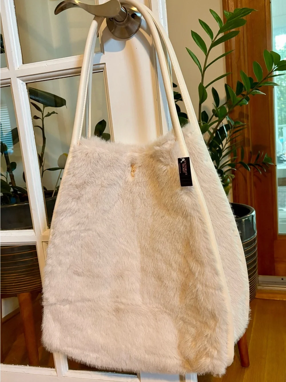 Victoria's Secret Cream Faux Fur Tote with White Straps